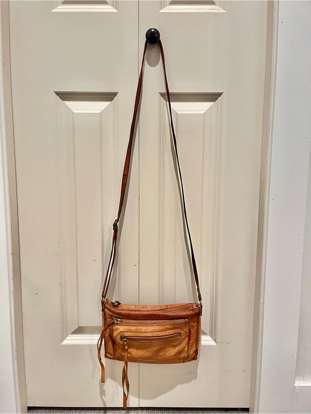 Day + Moon Tan Leather Crossbody Bag with Front Zip Pockets